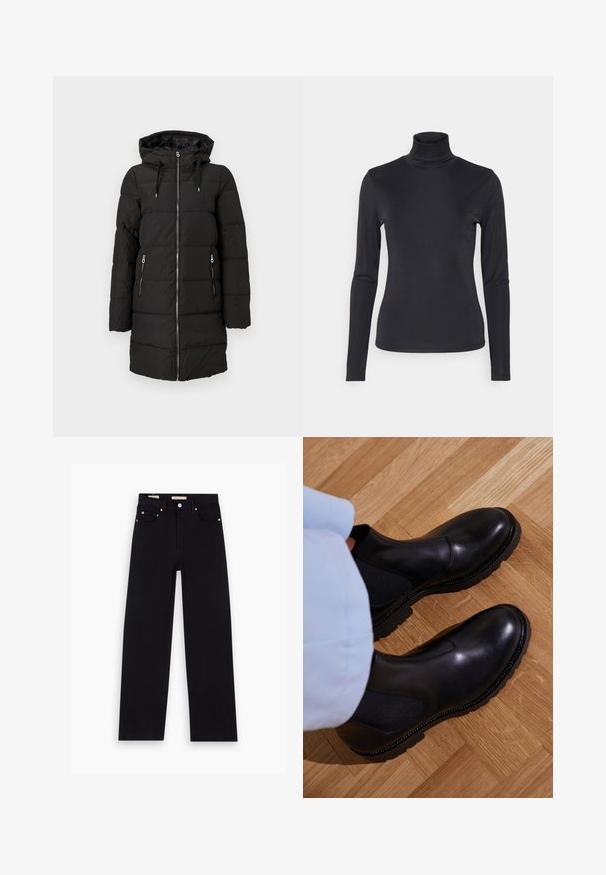 Schwarze Daunenjacke mit Kapuze, versehen mit horizontalen Steppnähten, einem durchgehenden Reißverschluss vorne und zwei seitlichen Reißverschlusstaschen.; Schwarzes Langarm-Turtleneck-Oberteil aus einem glatten, dehnbaren Stoff. Hat ein figurbetontes Design und einen hohen Kragen. Minimalistischer Stil, keine sichtbaren Muster.; Schwarze Denim-Jeans mit geradem Schnitt, fünf Taschen, Kupferbeschlägen und einer glatten Textur. Zwei Etiketten sind am Bund sichtbar.; Schwarze Knöchelstiefel aus glattem Leder mit elastischen Seiteneinsätzen, einer strukturierten Gummisohle und kontrastierenden Nähten entlang der Kante.