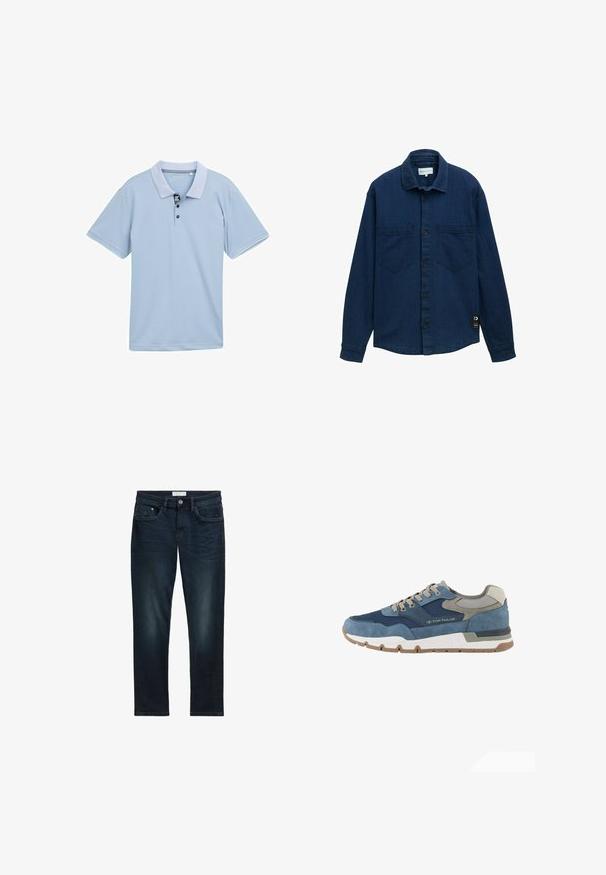 Dunkelblaue Jeanshemd mit einem Knopfverschluss, zwei Brusttaschen und langen Ärmeln. Ein kleines Markenschild ist an der unteren linken Seite sichtbar.; Helles blaues Polo-Shirt mit einem zweifarbigen Kragen, aufgesetzter Knopfleiste mit drei Knöpfen und kurzen Ärmeln. Hergestellt aus glattem, atmungsaktivem Stoff.; Dunkelblaue Denim-Jeans mit slim Fit, ausgestattet mit fünf Taschen, einem Knopfverschluss und subtilen Ausbleichungen auf der Vorderseite für eine strukturierte Optik.; TOM TAILOR LICENCE SNEAKER MIT -BLOCKING - Sneaker low - navy
