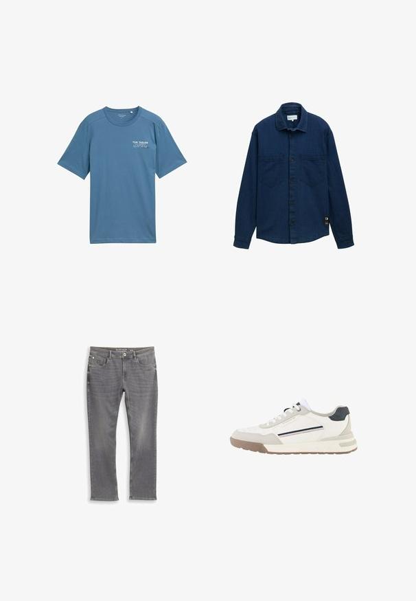 Donkerblauwe denim blouse met een knoopsluiting, twee borstzakken en lange mouwen. Een klein merketiket is zichtbaar aan de onderkant aan de linkerkant.; Blauwe katoenen t-shirt met korte mouwen, ronde halslijn en subtiele geprinte logo op de linkerkant van de borst. Zachte textuur, casual pasvorm.; Grijze denim jeans met een rechte pasvorm. Beschikt over zakken aan de voorkant, een knoopsluiting en subtiele vervaging. Gestikte details op de naden.; Witte en beige sneaker met witte veters, bruine zool, zwarte hielpatch en zijstreepdetails in marineblauw en rood.
