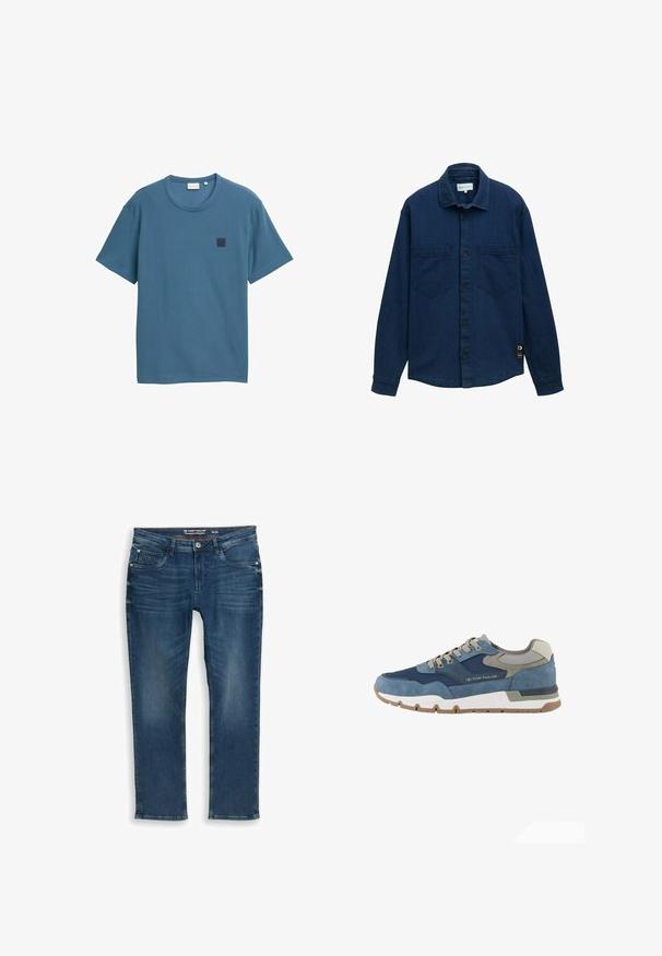 Donkerblauwe denim blouse met een knoopsluiting, twee borstzakken en lange mouwen. Een klein merketiket is zichtbaar aan de onderkant aan de linkerkant.; Blauwe korte mouw t-shirt van een textuurstof, met een ronde halslijn en een vierkante logopatch op de linkerbovenborst.; Donkerblauwe jeans met rechte pijpen van denim. Heeft voorzakken en een ritssluiting, met subtiele vervagingen en stikseldetails op de tailleband.; TOM TAILOR LICENCE SNEAKER MIT -BLOCKING - Sneakers laag - navy