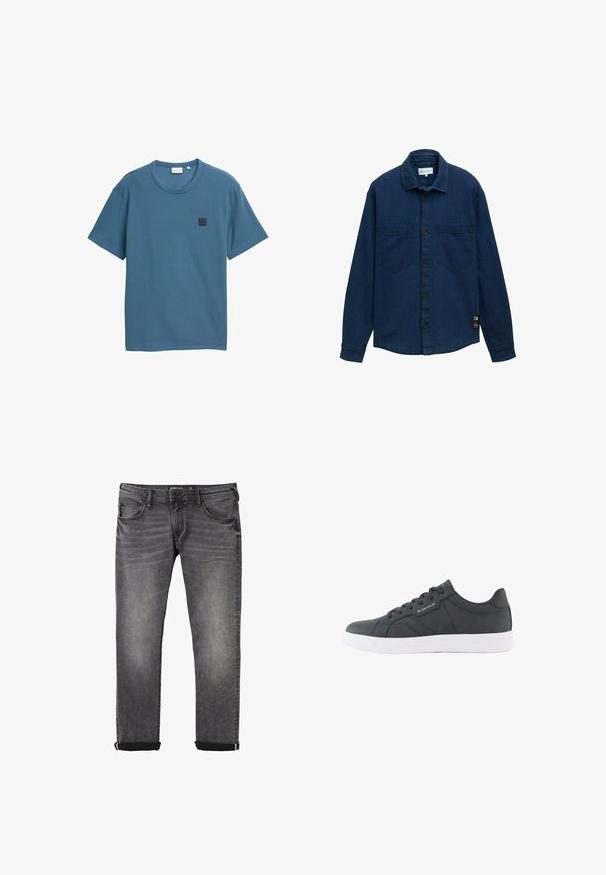 Dunkelblaue Jeanshemd mit einem Knopfverschluss, zwei Brusttaschen und langen Ärmeln. Ein kleines Markenschild ist an der unteren linken Seite sichtbar.; Blaues kurzärmliges T-Shirt aus strukturiertem Stoff, mit einem runden Halsausschnitt und einem quadratischen Logo-Patch auf der linken Brust.; Graue Denim-Jeans mit geradem Bein, ausgestattet mit klassischem Fünf-Taschen-Stil, aufgerollten Säumen und dezenter Verfärbung des Stoffes.; Schwarzer Sneaker mit niedrigem Schaft, weißer Sohle, Schnürung vorne und dezentem "Tom Tailor" Branding an der Seite und Zunge.