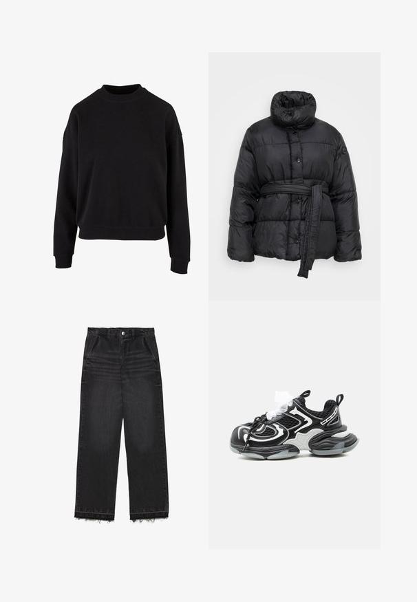 Schwarze Daunenjacke mit hohem Kragen, Druckknöpfen und tailliertem Schnitt. Verfügt über ein gestepptes Design und eine glänzende Stoffoberfläche.; Schwarzer Sweatshirt aus weicher Baumwolle mit Rundhalsausschnitt, überschnittenen Schultern und gerippten Bündchen in entspannter Passform.; Schwarze Denim-Hosen mit geradem Bein. Sie verfügen über eine hohe Taille, einen fransigen Saum und eine subtile, ausgebleichte Textur. Mit Eingrifftaschen vorne.; Schwarz-weißer klobiger Sneaker mit Mesh-Obermaterial, dicker gepolsterter Sohle und zweifarbigen Schnürsenkeln vor einfarbigem Hintergrund.