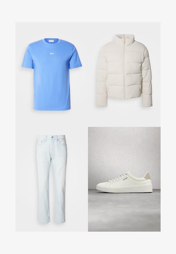 Ecrufarbene Pufferjacke mit hohem Kragen, horizontalem Steppmuster, Frontreißverschluss und leicht kürzeren Ärmeln. Wasserabweisendes Material.; Blaues kurzärmliges Baumwoll-T-Shirt mit Rundhalsausschnitt, das ein kleines weißes "Gant"-Logo in der Mitte der Brust trägt. Weicher Stoff, lässige Passform.; Hellblaue Jeans mit geradem Bein. Verfügt über einen Knopfverschluss und Gürtelschlaufen, präsentiert eine ausgebleichte Textur und minimale Nähte.; Weißer Sneaker mit niedriger Schaftform, Schnürsenkeln und beigem Fersenlasche, mit der Marke "HUGO", schwebt über einem polierten Betonboden in der Nähe einer Glasbausteinwand.