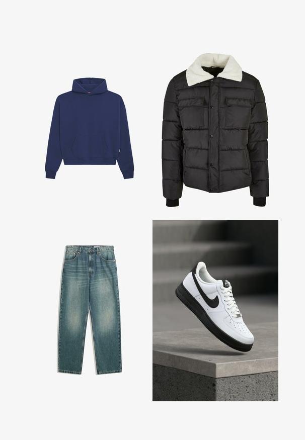 Veste doudoune noire avec un col en fausse fourrure texturée blanche, des boutons-pression à l'avant et deux poches à rabat sur la poitrine.; Hoodie bleu marine en matériau polaire, doté d'une poche kangourou à l'avant, de poignets côtelés et d'une coupe décontractée avec une capuche à cordon.; Jean en denim bleu clair avec taille haute, coupe large et décoloration subtile ; possède cinq poches et des finitions en métal.; Baskets en cuir blanc avec accents noirs, bout arrondi et détails perforés. Semelle en caoutchouc noire avec motif texturé et fermeture à lacets.