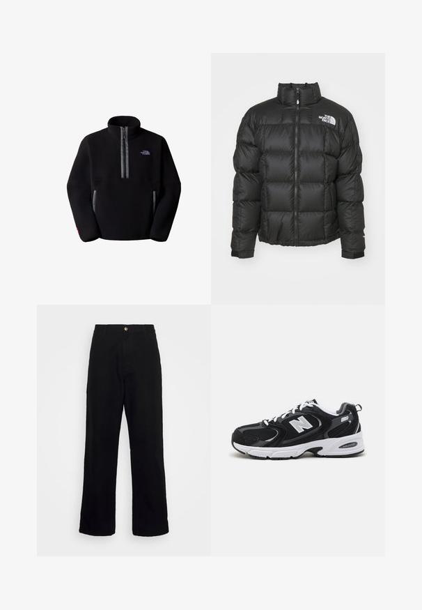 Sort pufferjakke med høj krave, lynlåslukning og quiltet mønster. Har logo på venstre bryst og elastiske manchetter.; The North Face TNF FLEESKI - Fleecetrøjer - tnf black; Sorte bukser lavet af tungt stof, med lige ben-design, forlommer, lynlås og en enkelt metallisk knaplukning.; Sorte og grå sportssko med mesh og ruskind på overdelen, der har en hvid mellemsål, snørebånd og et iøjnefaldende "N" logo på siden.