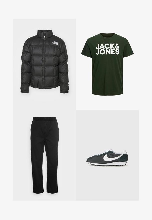 Zwarte pufferjack met een hoge kraag, ritssluiting en een quiltpatroon. Voorzien van een logo op de linkerkant van de borst en elastische manchetten.; Donkergroene katoenen T-shirt met opvallende witte tekst "JACK & JONES" op de voorkant. Ronde halslijn, korte mouwen, normale pasvorm.; Zwarte katoenen broeken met een elastische tailleband, rechte pijpen en zijzakken. Zachte textuur zonder patronen of accenten.; Zwarte mesh sneakers van Nike met een witte swoosh, witte veters en donkergroene suède accenten. Voorzien van een gestructureerde zwarte rubberen zool.