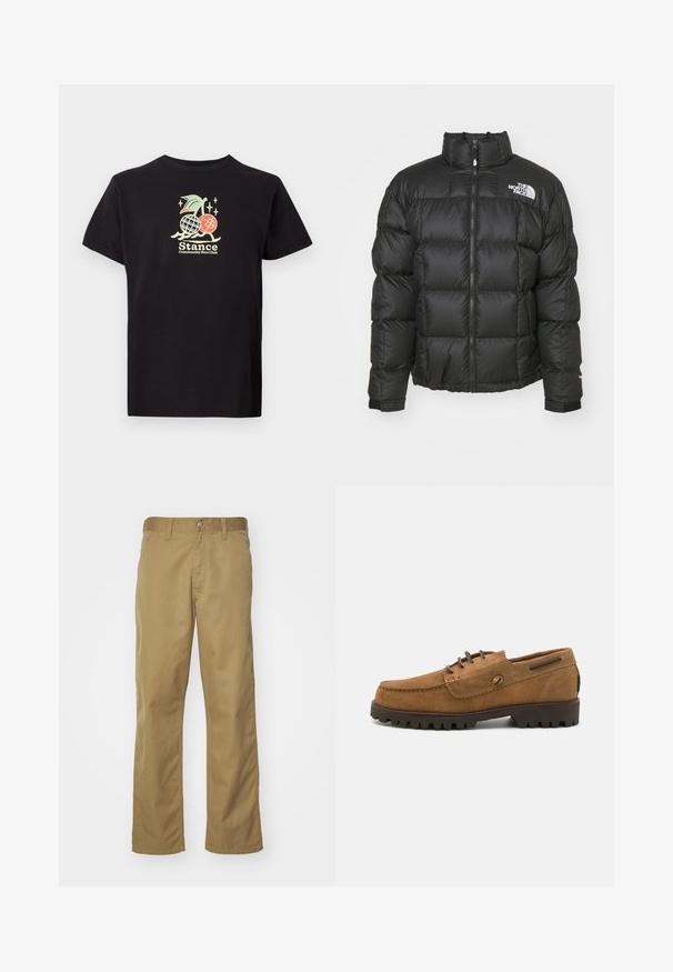 Sort pufferjakke med høj krave, lynlåslukning og quiltet mønster. Har logo på venstre bryst og elastiske manchetter.; Sort bomulds t-shirt med et farverigt grafisk print af en ananas og kirsebær, teksten lyder "Stance Community Run Club." Korte ærmer.; Khaki chinos med lige bendesign, lavet af glat bomuldsstof. Har en knaplukning foran og sidelommer.; Brune ruskindssko med en rund tå, kontrasterende sy accenter og en tekstureret gummisål med dybe slidbaner for godt greb.