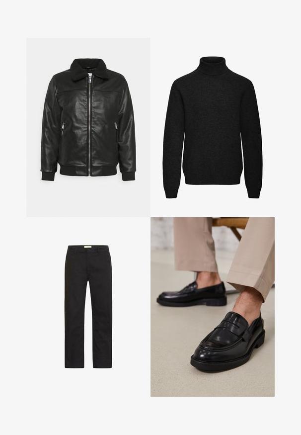 Lindbergh JACKET - Chaqueta de cuero sintético - black; Jersey negro de cuello alto y manga larga con puños y dobladillo acanalados, fabricado con un tejido de punto suave.; Chinos negros con una suave tela de algodón, diseño de pierna recta, bolsillos frontales y cierre de un solo botón. Sin patrones ni acentos visibles.; Mocasines de cuero negro con un acabado suave, que cuentan con una correa decorativa y costuras en contraste, combinados con pantalones beiges.