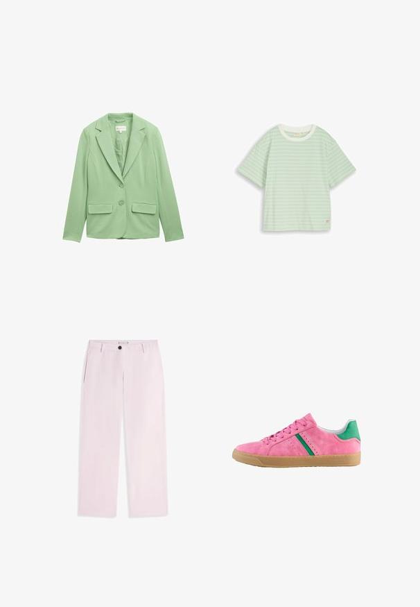 Lichtgroene blazer van gladde stof. Beschikt over een notch lapel, twee voorzakken en twee knopen in het midden, wat een getailleerde uitstraling creëert.; Mintgroen T-shirt met korte mouwen en witte horizontale strepen, en een witte ronde hals, plat uitgespreid op een witte achtergrond.; Lichtroze rechte broek met riemlussen, voorste knoop, ritssluiting en zijzakken op een witte achtergrond.; Roze suède sneakers met groene hielaccent en strepen. Heeft een ronde neus, vetersluiting aan de voorkant en een gumrubberen zool. Geperforeerde details aan de zijkanten.