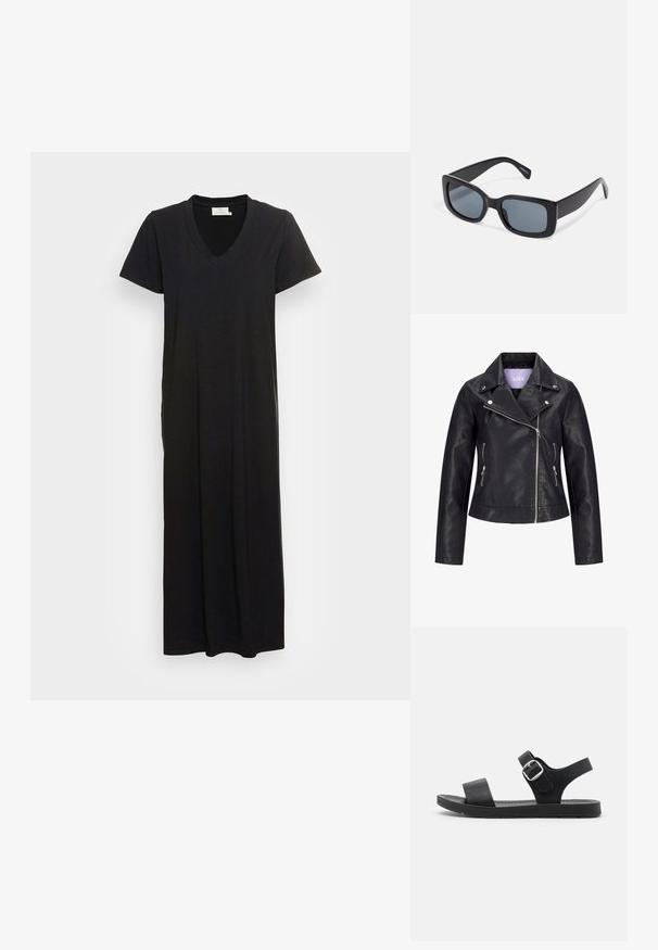 Chaqueta de motorista negra de cuero sintético con cremallera frontal asimétrica, botones de presión plateados en la solapa ancha y dos bolsillos laterales con cremallera.; Vestido maxi negro en tejido suave, con escote en V, mangas cortas y un corte relajado que se extiende hasta los tobillos.; Sandalia negra con suela plana, hebilla ajustable, dos correas anchas y textura suave, diseñada para la comodidad y facilidad de uso.; Gafas de sol rectangulares negras con lentes oscuros, montura de plástico grueso y patillas anchas. Superficie lisa y diseño anguloso.