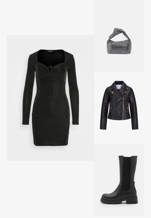 Veste de motard en simili cuir noir avec fermeture éclair asymétrique sur le devant, boutons-pression argentés sur un large revers, et deux poches latérales zippées.; Even&Odd by Zalando Robe en jersey - black; ONLY SHOES ONLDOJA - Bottes à plateau - black; Sac à main noir et argent avec une surface texturée affichant un motif en diamant, une anse nouée et une forme structurée.