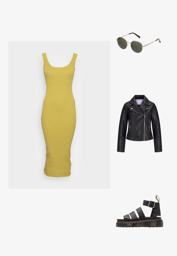 Chaqueta de motorista negra de cuero sintético con cremallera frontal asimétrica, botones de presión plateados en la solapa ancha y dos bolsillos laterales con cremallera.; Glamorous SQUARE NECK BODYCON MIDI DRESS WITH LETTUCE FRILL HEM - Vestido de punto - olive; Sandalia de cuero negro con tres correas anchas, hebilla de metal ajustable, suela gruesa con textura y detalle de costura naranja a lo largo del borde.; Gafas de sol redondas con montura metálica dorada y lentes verde oscuro. Las varillas presentan un diseño de carey para añadir un detalle extra.