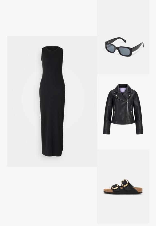 Chaqueta de motorista negra de cuero sintético con cremallera frontal asimétrica, botones de presión plateados en la solapa ancha y dos bolsillos laterales con cremallera.; Vestido maxi negro sin mangas con silueta ajustada, textura acanalada, escote redondo y abertura lateral para facilitar el movimiento.; Sandalias deslizantes de ante negro con dos correas anchas, cada una con una gran hebilla dorada, y una plantilla de corcho natural con una suela de goma texturizada.; Gafas de sol rectangulares negras con lentes oscuros, montura de plástico grueso y patillas anchas. Superficie lisa y diseño anguloso.