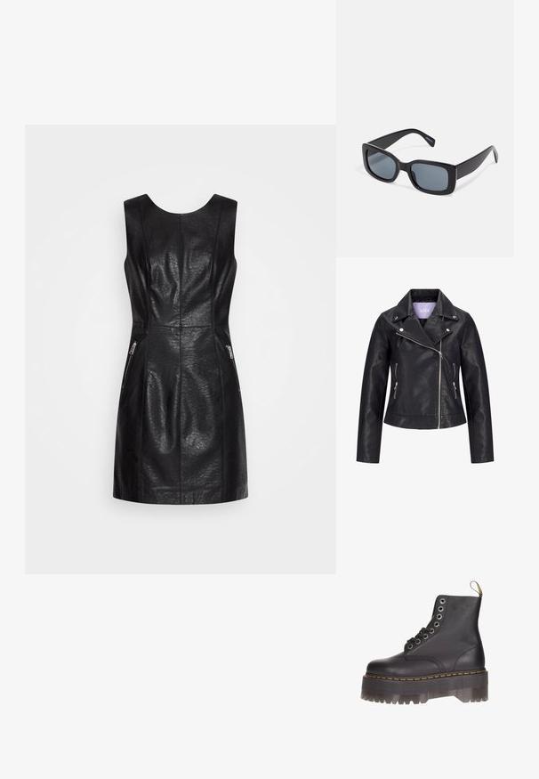 Schwarze Bikerjacke aus Kunstleder mit asymmetrischem Frontreißverschluss, silbernen Druckknöpfen am breiten Revers und zwei seitlichen Reißverschlusstaschen.; ONLY ONLMIA BIKER DRESS - Freizeitkleid - black; Schwarze Leder-Stiefelette mit sechs Ösen-Schnürung, gelben Nähten und einer transparenten Plattformsohle mit gezacktem Rand.; Schwarze rechteckige Sonnenbrille mit dunkel getönten Gläsern, dickem Kunstrahmen und breiten Bügeln. Glatte Oberfläche und kantiges Design.