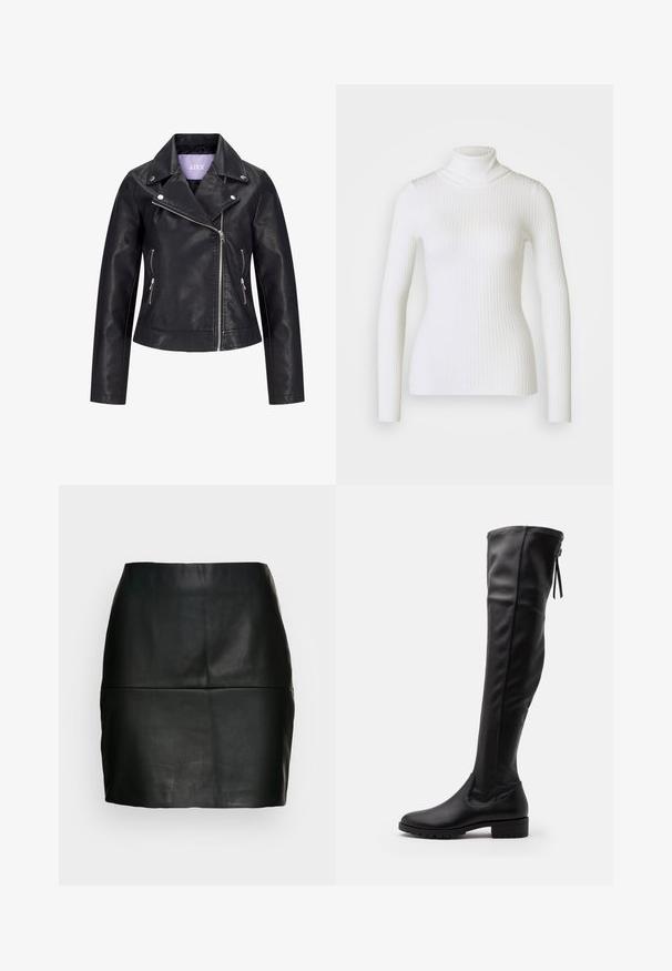 Veste de motard en simili cuir noir avec fermeture éclair asymétrique sur le devant, boutons-pression argentés sur un large revers, et deux poches latérales zippées.; Pull en maille côtelée blanche avec col roulé et manches longues, présentant un design ajusté et une texture douce. Col plat et look sans couture.; Jupe mini en cuir noir avec une texture lisse, une silhouette ajustée et un détail de couture au niveau de la taille. Pas de fermetures visibles.; Bottes noires en cuir montantes avec une texture lisse, bout arrondi et semelle en caoutchouc. Elles présentent un design ajusté et un détail de lien à l'arrière.