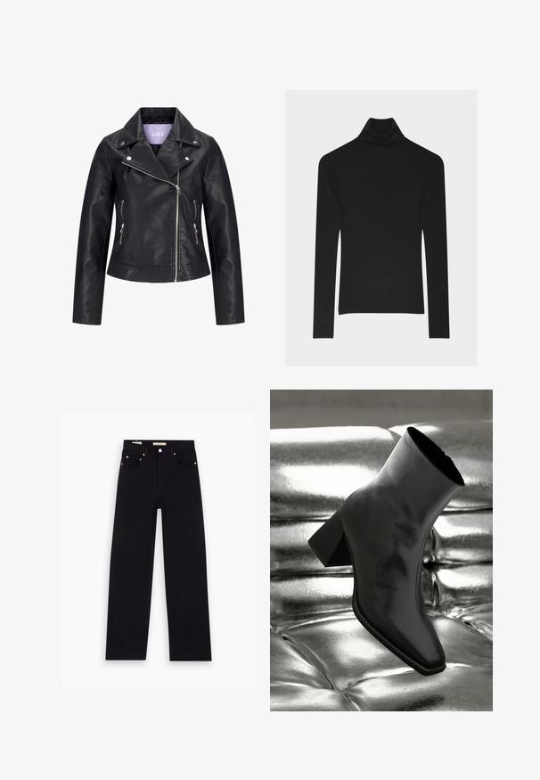 Veste de motard en simili cuir noir avec fermeture éclair asymétrique sur le devant, boutons-pression argentés sur un large revers, et deux poches latérales zippées.; Pull noir à col roulé côtelé à manches longues avec une silhouette ajustée et un logo brodé discret près du col.; Jean en denim noir avec une coupe droite, cinq poches, matériel en cuivre et texture lisse. Deux étiquettes visibles sur la taille.; Botte noire à la cheville en matériau brillant avec un bout carré et un talon effilé, sur un fond argenté brillant et capitonné.