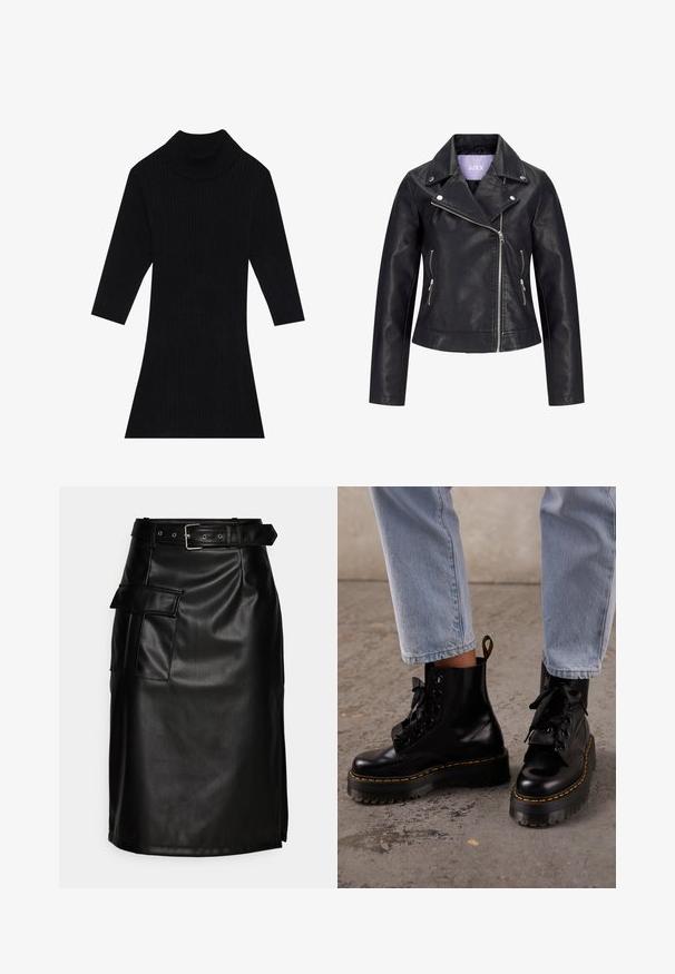 Veste de motard en simili cuir noir avec fermeture éclair asymétrique sur le devant, boutons-pression argentés sur un large revers, et deux poches latérales zippées.; Robe en tricot côtelé noir avec un col montant et des manches trois-quarts, présentant une silhouette ajustée qui s'évase au niveau de l'ourlet.; Jupe en simili cuir noir avec une taille ceinturée, une poche latérale et une coupe ajustée. Elle présente une texture lisse et un léger brillant.; Personne portant un jean bleu clair et des bottes à plateforme en cuir noir lacées avec des coutures jaunes sur un sol en béton.