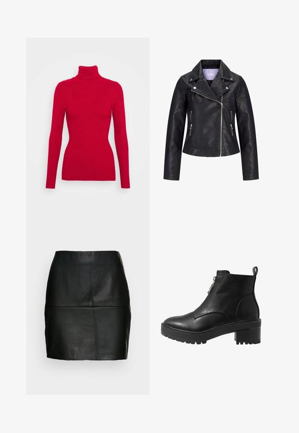 Veste de motard en simili cuir noir avec fermeture éclair asymétrique sur le devant, boutons-pression argentés sur un large revers, et deux poches latérales zippées.; Pull en maille côtelée rouge avec un col roulé, des manches longues, un tissu texturé, une coupe ajustée et un col montant. Pas d'embellissements visibles.; Jupe mini en cuir noir avec une texture lisse, une silhouette ajustée et un détail de couture au niveau de la taille. Pas de fermetures visibles.; Bottine en cuir noir avec fermeture zippée sur le côté, talon large noir et semelle texturée pour une meilleure adhérence. Fini lisse avec des accents minimalistes.
