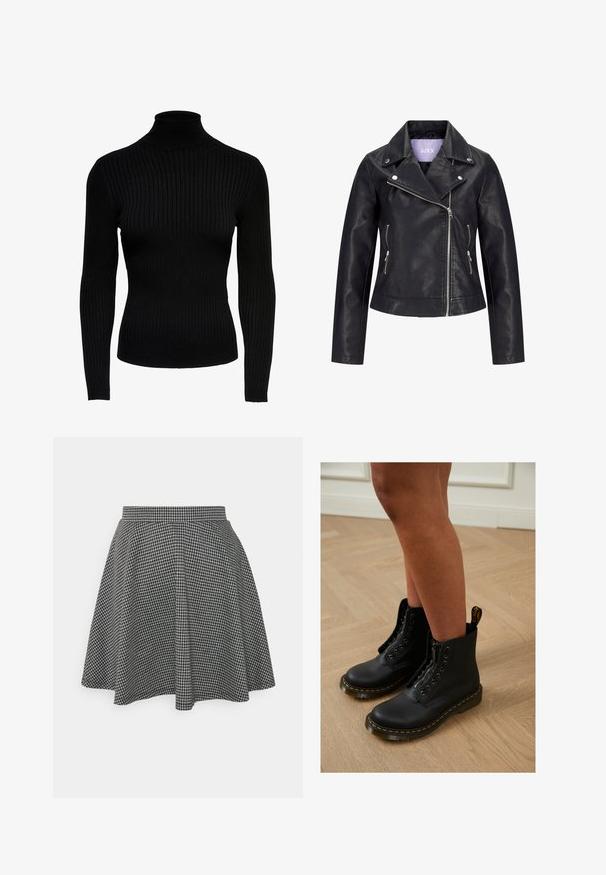 Veste de motard en simili cuir noir avec fermeture éclair asymétrique sur le devant, boutons-pression argentés sur un large revers, et deux poches latérales zippées.; Pull noir en maille côtelée à col roulé, avec des manches longues, au design ajusté et à la texture lisse. Doté d'un col haut et de manches resserrées.; Jupe patineuse à carreaux noir et blanc avec une taille ajustée et un ourlet évasé, fabriquée en tissu texturé affichant un motif classique.; Bottines en cuir noir avec fermeture éclair et design à lacets, arborant des coutures jaunes et une semelle épaisse et texturée.