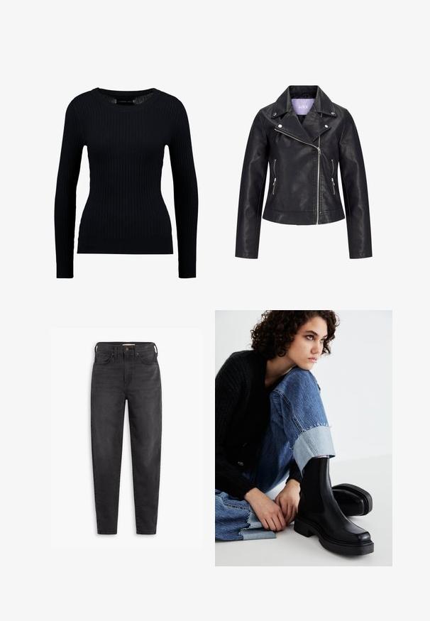 Veste de motard en simili cuir noir avec fermeture éclair asymétrique sur le devant, boutons-pression argentés sur un large revers, et deux poches latérales zippées.; Pull noir à manches longues côtelé avec un col rond et une silhouette ajustée. La texture est lisse avec un léger étirement partout.; Jean slim taille haute noir avec poches avant et arrière, fermeture à bouton et passants de ceinture, présentés sur un fond blanc.; Bottes noires à hauteur de cheville avec des panneaux latéraux élastiques, semelle épaisse et bout carré. Portées avec un jean bleu usé présentant un ourlet effiloché.