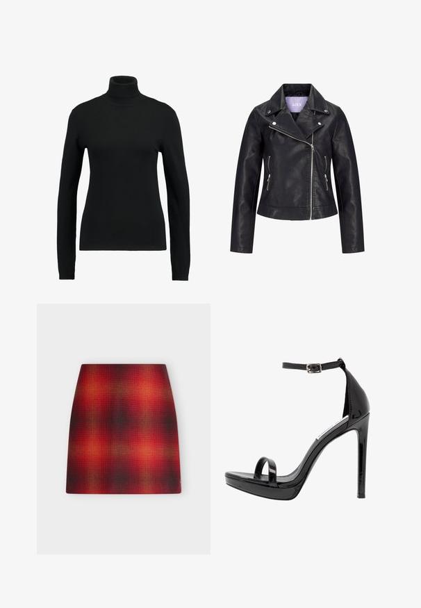 Chaqueta de motorista negra de cuero sintético con cremallera frontal asimétrica, botones de presión plateados en la solapa ancha y dos bolsillos laterales con cremallera.; Suéter negro de cuello alto hecho de una tela de punto suave. Presenta mangas largas y un diseño ajustado, con acentos de canalé en el cuello y el dobladillo.; Falda línea A a cuadros degradados en rojo y negro con sutiles destellos naranjas y cinturilla recta sobre un fondo blanco.; Steve Madden MILANO - Sandalias de tacón - black