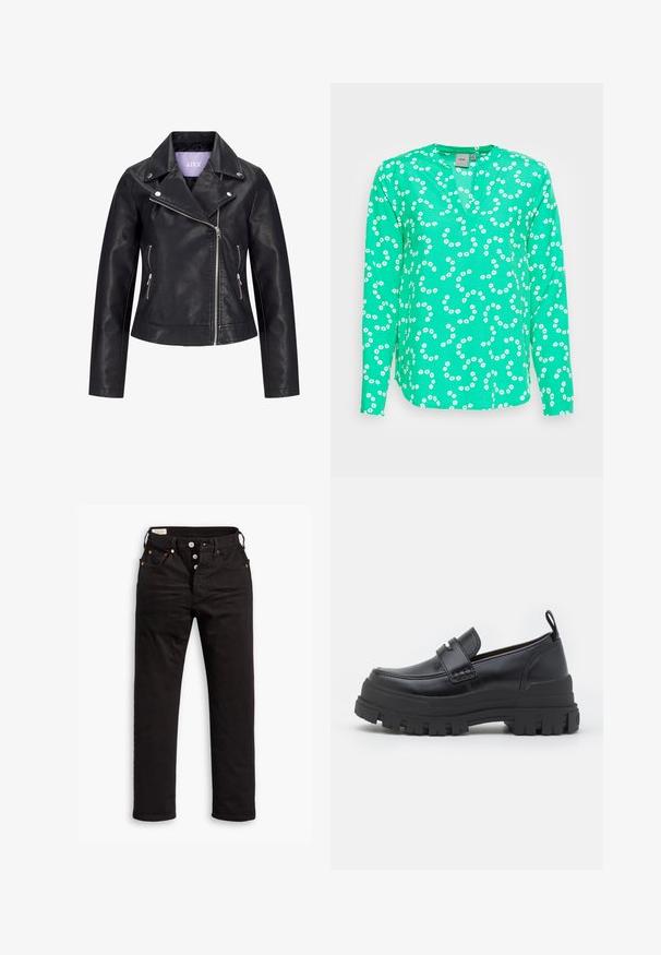 Sort bikerjakke i kunstlæder med asymmetrisk frontlynlås, sølvknapper på bred revers og to sidelommer med lynlås.; ICHI IHBRUCE SH4 - Bluse - holly green; Sorte lige jeans med knaplukning, front- og baglommer samt kobbernitte detaljer på en hvid baggrund.; Sort læderloafer med tyk rillede sål, mok tå syning, remdetalje over toppen og trækstrop på hælen, vist i sideprofil.