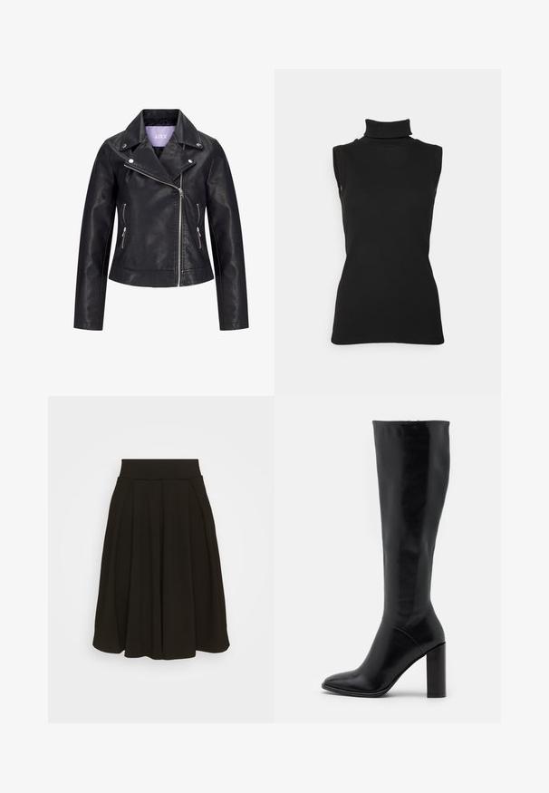 Schwarze Bikerjacke aus Kunstleder mit asymmetrischem Frontreißverschluss, silbernen Druckknöpfen am breiten Revers und zwei seitlichen Reißverschlusstaschen.; Schwarzes ärmelloses Rollkragenoberteil aus geripptem Stoff, mit hohem Kragen undtaillierter Silhouette. Glatte Textur mit minimalen Details.; Schwarz gefaltetem Rock mit einem breiten, elastischen Bund. Hergestellt aus einem weichen Stoff, mit einem knielangen Saum und glatter Textur.; Knielange schwarze Lederstiefel mit spitzer Zehe und klobigem Absatz. Glatte Textur mit minimalen Akzenten und einem enganliegenden Schaftdesign.