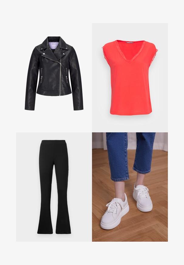 Sort bikerjakke i kunstlæder med asymmetrisk frontlynlås, sølvknapper på bred revers og to sidelommer med lynlås.; ONLY ONLJASMINA V NECK - Bluse - poppy red; Sorte ribbede flared bukser med høj talje. Det bløde, elastiske materiale giver en tætsiddende silhuet og en flared bund for stil og komfort.; Ben iført cropped blå jeans og hvide snørebånds-plateausneakers, stående på lyst trægulv.