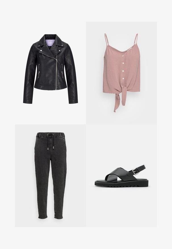 Veste de motard en simili cuir noir avec fermeture éclair asymétrique sur le devant, boutons-pression argentés sur un large revers, et deux poches latérales zippées.; Top sans manches rose poussière avec un col en V, des boutons sur le devant et un ourlet noué. Fabriqué en tissu texturé avec des bretelles spaghetti ajustables.; Pantalons jogger en denim noir avec une taille élastique, fermeture à cordon, jambes fuselées et texture légèrement dégradée sur le tissu.; Sandales en cuir noir avec un design à lanières croisées, boucle réglable et semelle texturée avec des crans pour une meilleure adhérence.