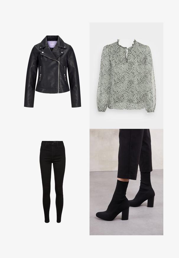 Veste de motard en simili cuir noir avec fermeture éclair asymétrique sur le devant, boutons-pression argentés sur un large revers, et deux poches latérales zippées.; ONLY ONLDITSY BLOUSE - Blouse - seagrass aop/dot leo; Jean skinny en denim noir avec une taille haute, design à cinq poches, passants de ceinture et détails de couture subtils. Texture lisse, forme ajustée.; Bottines à talons noires avec un dessus en ribbed comme une chaussette, surface lisse, bout rond et un talon carré pour plus de stabilité.