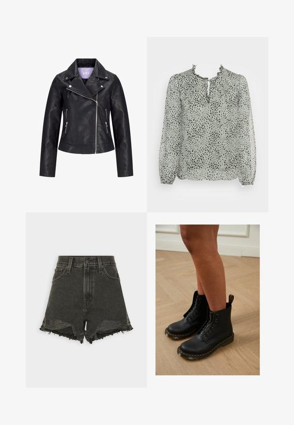 Veste de motard en simili cuir noir avec fermeture éclair asymétrique sur le devant, boutons-pression argentés sur un large revers, et deux poches latérales zippées.; ONLY ONLDITSY BLOUSE - Blouse - seagrass aop/dot leo; Shorts en denim noir avec des ourlets effilochés, taille haute, cinq poches et une fermeture à boutons. La texture abîmée ajoute de l'intérêt visuel.; Bottines en cuir noir avec fermeture éclair et design à lacets, arborant des coutures jaunes et une semelle épaisse et texturée.