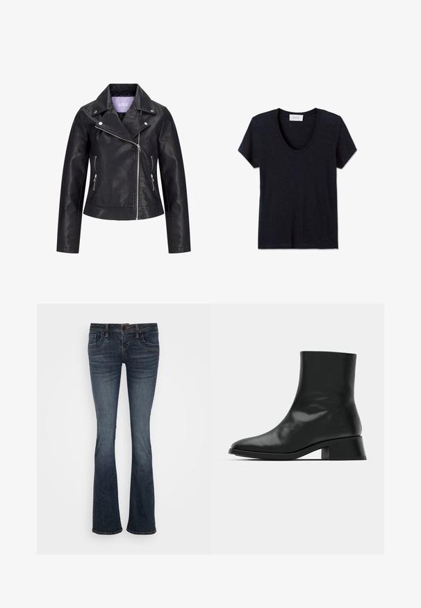 Veste de motard en simili cuir noir avec fermeture éclair asymétrique sur le devant, boutons-pression argentés sur un large revers, et deux poches latérales zippées.; T-shirt à manches courtes bleu marine foncé à col rond, au design uni, présenté à plat sur un fond blanc.; Jean évasé bleu foncé avec une taille mi-haute, cinq poches et des accents de couture subtils. Fabriqué en denim avec une texture lisse.; Bottine noire en cuir brillant, au design épuré, avec un bout pointu et un petit talon bloc pour plus de stabilité.