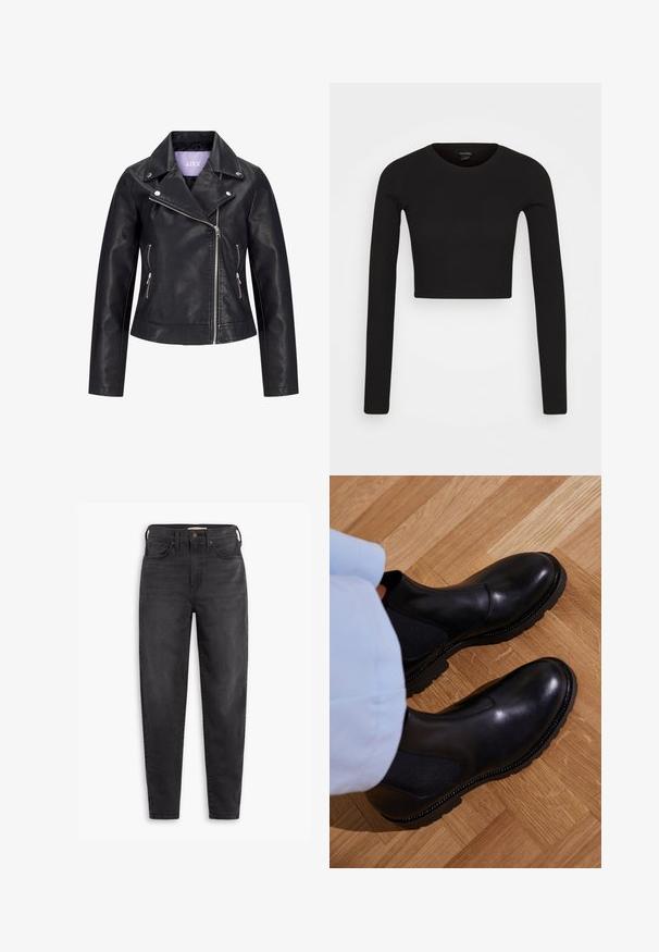 Chaqueta de motorista negra de cuero sintético con cremallera frontal asimétrica, botones de presión plateados en la solapa ancha y dos bolsillos laterales con cremallera.; Monki Camiseta de manga larga - black dark; Jeans ajustados de talle alto y color negro, con bolsillos delanteros y traseros, cierre de botón y pasadores para cinturón, exhibidos sobre un fondo blanco.; Botas negras de tobillo hechas de cuero suave con paneles laterales elásticos, una suela de goma texturizada y costuras en contraste a lo largo del borde.