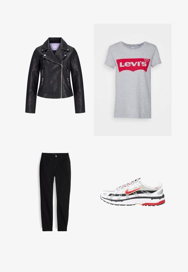 Zwarte motorjas van nepleer met asymmetrische voorrits, zilverkleurige drukkers op de brede revers en twee zijzakken met ritssluiting.; Grijze katoen t-shirt met een groot rood Levi's logo over de borst, met een klassieke ronde hals en korte mouwen.; Zwarte slim-fit spijkerbroek met knopen en rits aan de voorkant, vijf zakken en ceintuurlussen, plat gelegd op een witte achtergrond.; Witte en zwarte sportschoenen met rode en gouden accenten. Beschikt over een mesh bovenwerk, een gevoerde zool en een veilige vetersluiting.