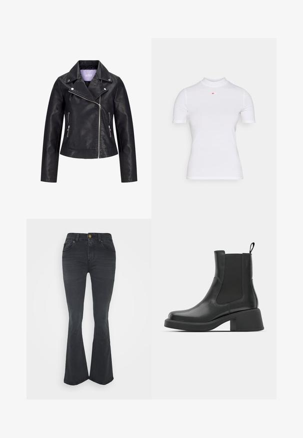 Sort bikerjakke i kunstlæder med asymmetrisk frontlynlås, sølvknapper på bred revers og to sidelommer med lynlås.; Hvid ribbet kortærmet t-shirt med høj hals og et lille rødt logo placeret centralt på brystet. Glat tekstur, tætsiddende design.; Sort denim jeans med flareben, mellemhøj talje, fem lommer og guldknaplukning. Glat tekstur med synlige syninger.; Sorte læder ankelstøvler med elastiske sidepaneler, afrundet tå og en kraftig blokhæl. Glat tekstur med et minimalistisk design.