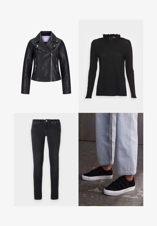 Schwarze Bikerjacke aus Kunstleder mit asymmetrischem Frontreißverschluss, silbernen Druckknöpfen am breiten Revers und zwei seitlichen Reißverschlusstaschen.; Schwarzes Langarmshirt mit hohem Rüschenausschnitt und leicht ausgestellt Bündchen, aus einem weichen, strukturierten Stoff mit einer figurbetonten Passform.; Schmale schwarze Jeans mit fünf Taschen, Knopfverschluss und Gürtelschlaufen, auf einem schlichten weißen Hintergrund flach ausgelegt.; Schwarze Cord-Sneaker mit drei Klettverschlüssen und einer strukturierten Oberfläche. Niedrigprofilierte weiße Gummisohle. Getragen mit hellblauen, verkürzten Hosen.