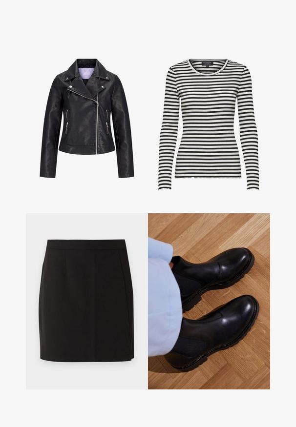 Veste de motard en simili cuir noir avec fermeture éclair asymétrique sur le devant, boutons-pression argentés sur un large revers, et deux poches latérales zippées.; T-shirt à manches longues noir et blanc à rayures horizontales en maille côtelée avec un col rond et des bords festonnés aux poignets et à l'ourlet.; Jupe droite noire longueur genou avec une taille ajustée et des détails de couture subtils sur fond blanc.; Bottines noires en cuir lisse avec des panneaux latéraux élastiques, une semelle en caoutchouc texturé et des coutures contrastantes le long du bord.