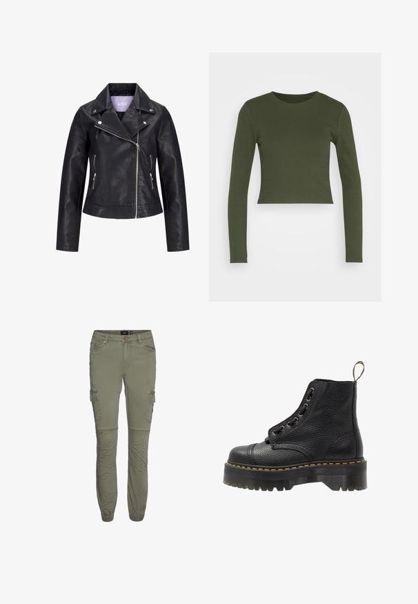 Sort bikerjakke i kunstlæder med asymmetrisk frontlynlås, sølvknapper på bred revers og to sidelommer med lynlås.; GAP ULTRA CROP RIB TEE - Langærmet T-shirt - khaki; Olivengrønne cargo bukser i en slidstærk bomuldsblanding med tætsiddende manchetter, flere lommer og knæfold for øget bevægelighed.; Sorte læder ankelstøvler med tekstureret overflade, rund tå, snørebåndsdesign, gule stikninger og en tyk, rillet sort platformsål.