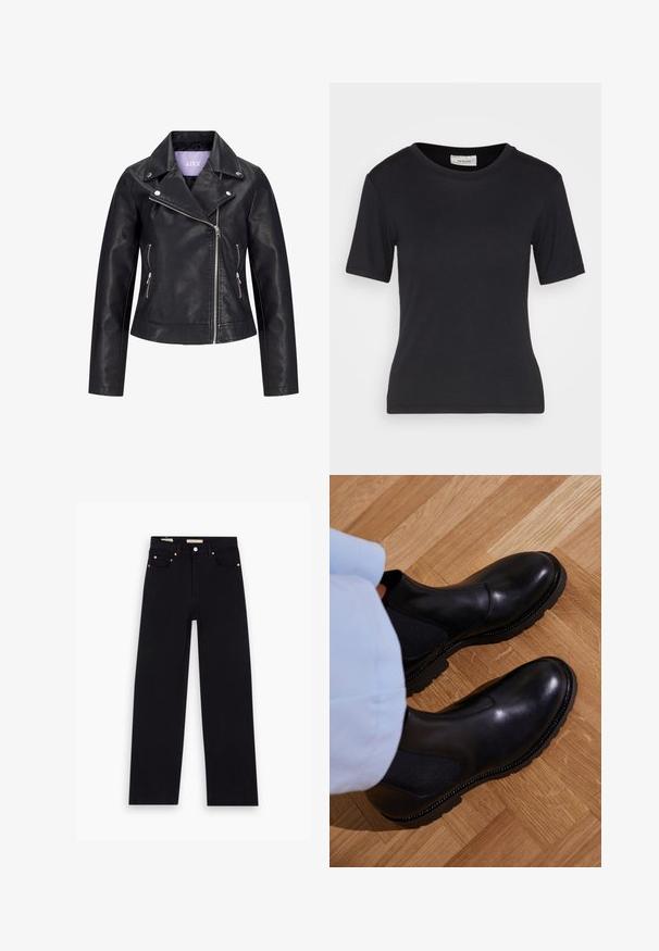 Chaqueta de motorista negra de cuero sintético con cremallera frontal asimétrica, botones de presión plateados en la solapa ancha y dos bolsillos laterales con cremallera.; Camiseta negra de manga corta hecha de tela suave, con cuello redondo, forma ajustada y costuras limpias, sin patrones ni gráficos.; Jeans de mezclilla negros con corte recto, cinco bolsillos, herrajes de cobre y una textura suave. Dos etiquetas visibles en la cinturilla.; Botas negras de tobillo hechas de cuero suave con paneles laterales elásticos, una suela de goma texturizada y costuras en contraste a lo largo del borde.