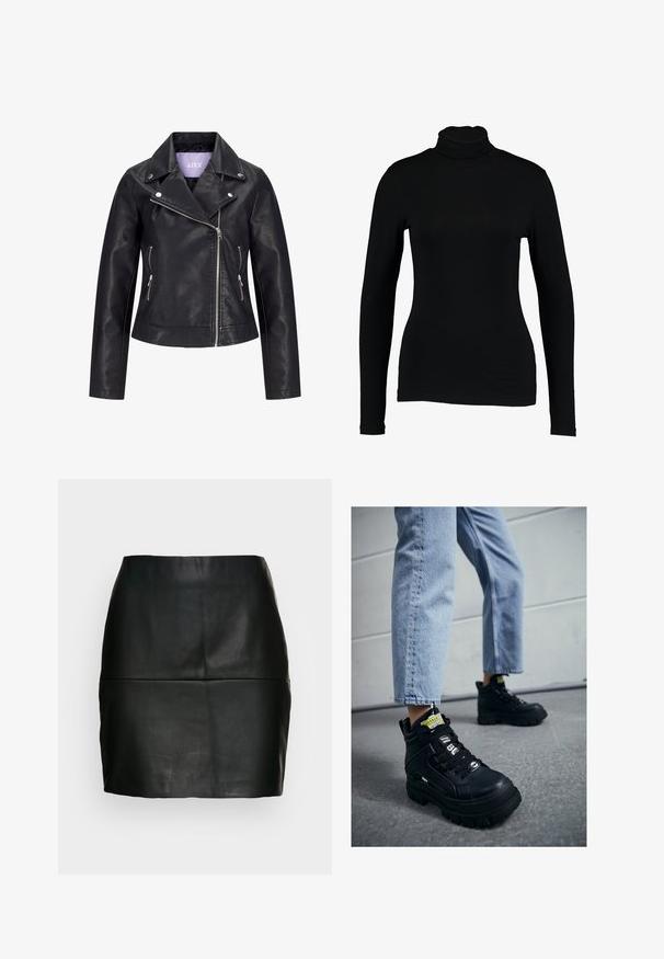 Chaqueta de motorista negra de cuero sintético con cremallera frontal asimétrica, botones de presión plateados en la solapa ancha y dos bolsillos laterales con cremallera.; Top negro de manga larga con cuello alto hecho de tela suave, con un diseño ajustado y un cuello alto, adecuado para usar en capas o como prenda independiente.; Mini falda de cuero negra con una textura suave, silueta ajustada y un detalle de costura en la cintura. Sin cierres visibles.; Zapatillas altas negras con suela gruesa, con diseño de cordones, acentos de logo y etiquetas amarillas. Combinadas con unos vaqueros cortos de color azul claro.