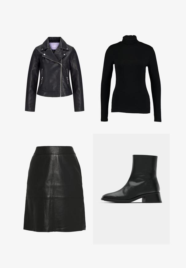 Veste de motard en simili cuir noir avec fermeture éclair asymétrique sur le devant, boutons-pression argentés sur un large revers, et deux poches latérales zippées.; T-shirt noir à manches longues et col roulé en tissu lisse, avec une coupe ajustée et un col haut, idéal pour les superpositions ou à porter seul.; Jupe trapèze en similicuir noir avec taille haute et coutures apparentes à l'avant et près de l'ourlet.; Bottine noire en cuir brillant, au design épuré, avec un bout pointu et un petit talon bloc pour plus de stabilité.