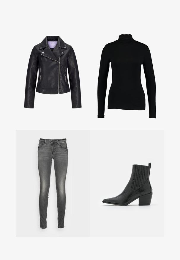 Schwarze Bikerjacke aus Kunstleder mit asymmetrischem Frontreißverschluss, silbernen Druckknöpfen am breiten Revers und zwei seitlichen Reißverschlusstaschen.; Schwarzes Langarm-Turtleneck-Top aus glattem Stoff, mit taillierter Passform und hohem Kragen, geeignet zum Layering oder als eigenständiges Kleidungsstück.; Graue Denim-Jeans im engen Schnitt, mit leicht ausgewaschener Textur, Fronttaschen und einem Reißverschluss mit Knopfverschluss.; RAID ROCCO - Cowboy-/Bikerstiefelette - black
