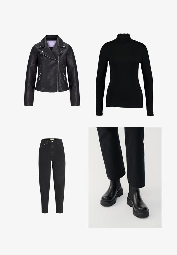 Schwarze Bikerjacke aus Kunstleder mit asymmetrischem Frontreißverschluss, silbernen Druckknöpfen am breiten Revers und zwei seitlichen Reißverschlusstaschen.; Schwarzes Langarm-Turtleneck-Top aus glattem Stoff, mit taillierter Passform und hohem Kragen, geeignet zum Layering oder als eigenständiges Kleidungsstück.; Schwarze Jeans mit hohem Bund, schmal zulaufendem Bein, vorderem Knopf- und Reißverschluss, Vorder- und Gesäßtaschen sowie Metallnieten-Details.; Person trägt schwarze Leder-Stiefeletten mit klobiger Sohle, kombiniert mit schwarzen Straight-Leg-Hosen vor weißem Hintergrund.