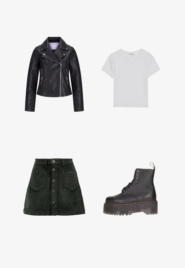 Schwarze Bikerjacke aus Kunstleder mit asymmetrischem Frontreißverschluss, silbernen Druckknöpfen am breiten Revers und zwei seitlichen Reißverschlusstaschen.; Weißes kurzärmliges V-Ausschnitt-T-Shirt aus Rippstoff. Es zeichnet sich durch ein sauberes Design mit geradem Saum und minimalen Details aus.; ONLY ONLAMAZING GLOBAL - Minirock - green gables; Schwarze Leder-Stiefelette mit sechs Ösen-Schnürung, gelben Nähten und einer transparenten Plattformsohle mit gezacktem Rand.