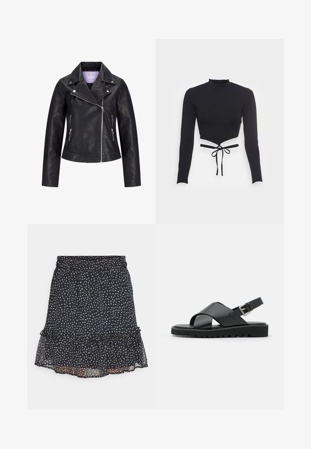 Chaqueta de motorista negra de cuero sintético con cremallera frontal asimétrica, botones de presión plateados en la solapa ancha y dos bolsillos laterales con cremallera.; Even&Odd by Zalando Camiseta de manga larga - black; Falda negra con volantes hecha de tela ligera, con un patrón abstracto blanco, cintura elástica y dobladillo en capas para añadir textura.; Sandalias de cuero negras con diseño de tiras cruzadas, hebilla ajustable y suela texturizada con estrías para un mejor agarre.