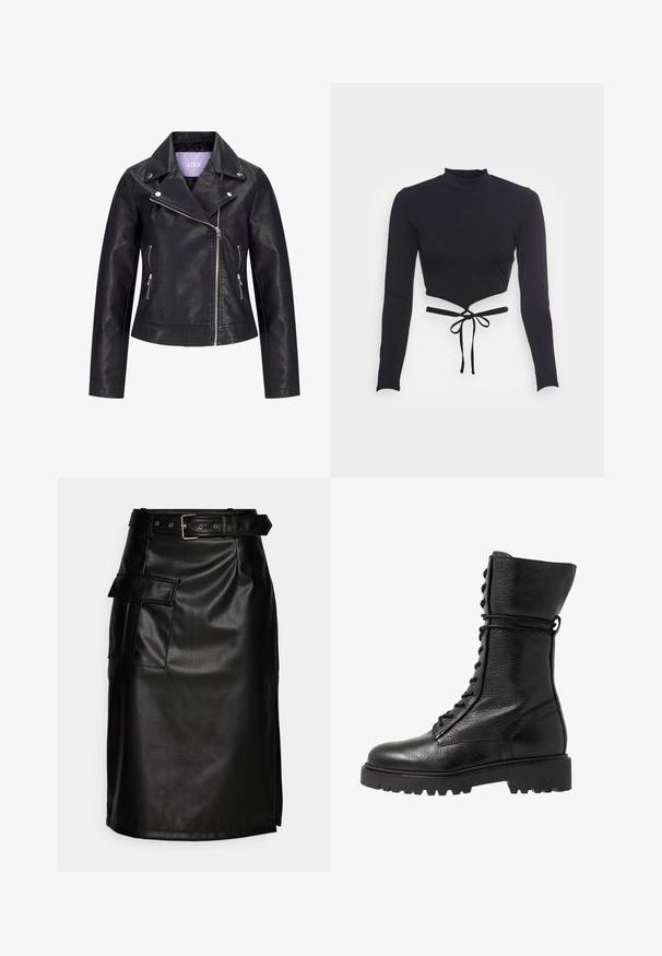 Schwarze Bikerjacke aus Kunstleder mit asymmetrischem Frontreißverschluss, silbernen Druckknöpfen am breiten Revers und zwei seitlichen Reißverschlusstaschen.; Even&Odd Langarmshirt - black; Schwarzer Kunstlederskirt mit tailliertem Bund, seitlicher Tasche und figurnaher Passform. Hat eine glatte Textur und einen leichten Glanz.; Schwarze Lederkampfstiefel mit strukturierter Oberfläche, knielanger Ausführung, schnürbarem Vorderteil und einer robusten Gummisohle mit geriffeltem Muster.