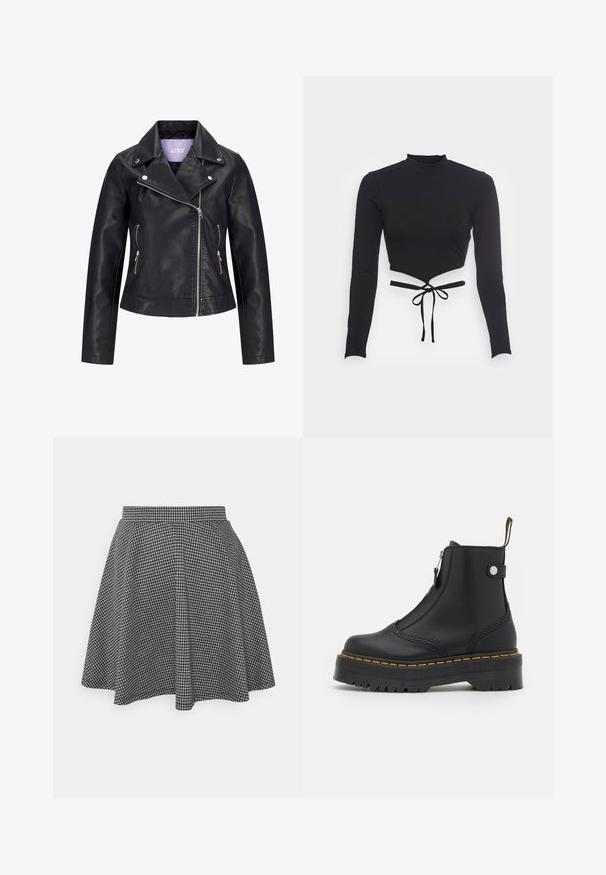 Veste de motard en simili cuir noir avec fermeture éclair asymétrique sur le devant, boutons-pression argentés sur un large revers, et deux poches latérales zippées.; Even&Odd by Zalando T-shirt à manches longues - black; Jupe patineuse à carreaux noir et blanc avec une taille ajustée et un ourlet évasé, fabriquée en tissu texturé affichant un motif classique.; Bottine noire en cuir lisse, dotée d'une fermeture éclair sur le côté, de coutures jaunes et d'une épaisse semelle en caoutchouc striée.