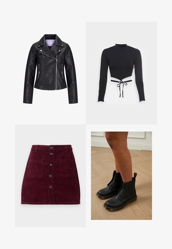 Sort bikerjakke i kunstlæder med asymmetrisk frontlynlås, sølvknapper på bred revers og to sidelommer med lynlås.; Even&Odd by Zalando Langærmet T-shirt - black; Burgunderfarvet kordfløjlsskjorte med høj talje, fem frontknapper og to forlommer; tekstureret stof med lodret ribbede mønster.; Sorte læder ankelstøvler med lynlås og snøredesign, der har gule stikninger og en tyk, struktureret sål.