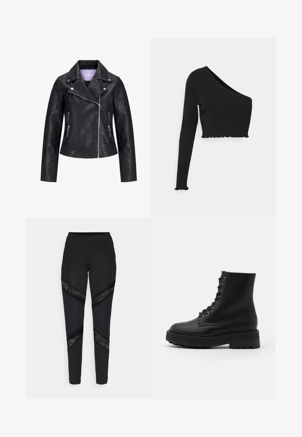 Schwarze Bikerjacke aus Kunstleder mit asymmetrischem Frontreißverschluss, silbernen Druckknöpfen am breiten Revers und zwei seitlichen Reißverschlusstaschen.; Monki Langarmshirt - black; Schwarze Leggings mit dreieckigen Ausschnitten, die an den Seiten mit schwarzer Spitze akzentuiert sind. Sie bestehen aus einem dehnbaren Stoff mit passgenauer Passform.; Schwarze Leder-Stiefeletten mit runder Spitze, strukturiertem Obermaterial, Metallösen und einer dicken, robusten Gummisohle. Verfügt über ein Schnürdesign.