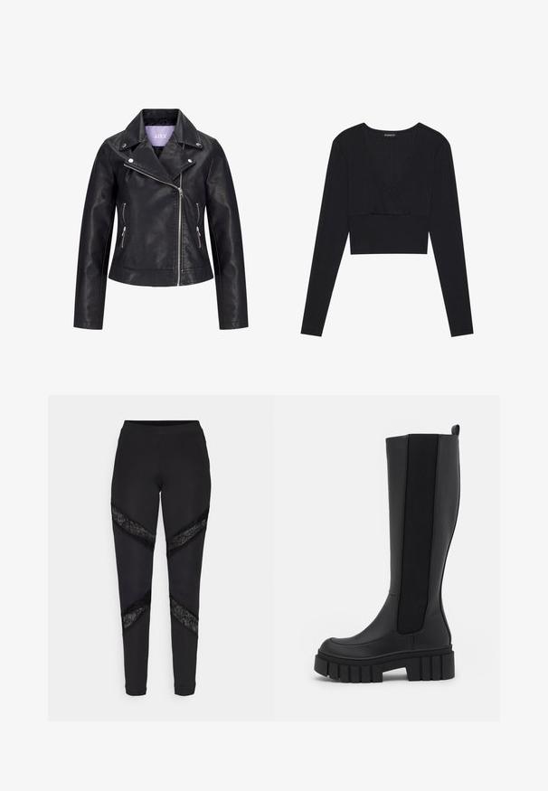 Schwarze Bikerjacke aus Kunstleder mit asymmetrischem Frontreißverschluss, silbernen Druckknöpfen am breiten Revers und zwei seitlichen Reißverschlusstaschen.; Schwarzes geripptes Langarm-Crop-Top mit tiefem V-Ausschnitt und taillierter Silhouette, mit nahtlosem Design und weicher Textur.; Schwarze Leggings mit dreieckigen Ausschnitten, die an den Seiten mit schwarzer Spitze akzentuiert sind. Sie bestehen aus einem dehnbaren Stoff mit passgenauer Passform.; Schwarze knielange Stiefel aus glattem synthetischen Material mit elastischen Seitenpanels, einer dicken strukturierten Sohle und einer runden Zehenform.